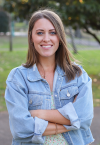 a woman in a blue shirt
