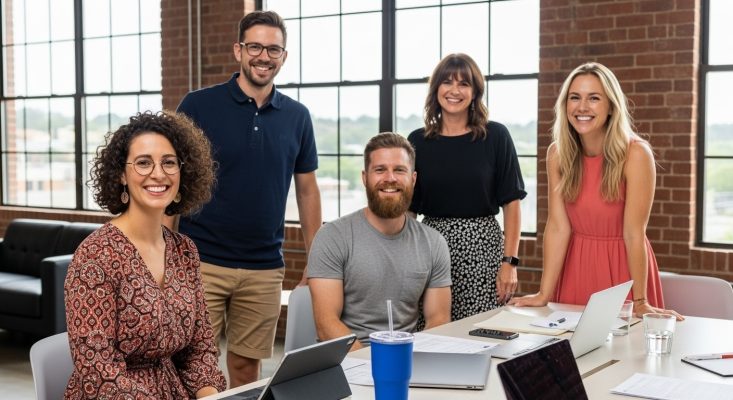 a couple of people that are standing in front of a laptop