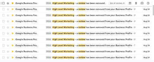 Google email notifications confirming reviews were removed