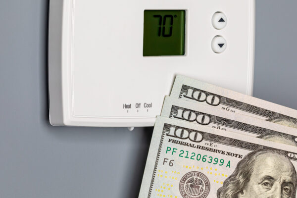 Money being shown in front of a thermostat