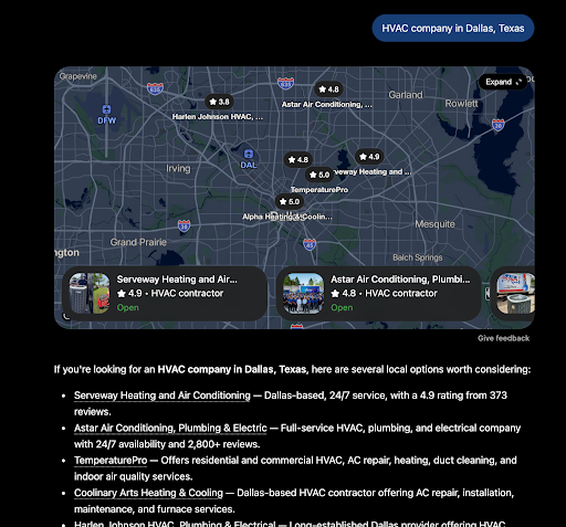Example of an AI search for HVAC companies in Dallas, Texas